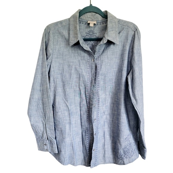 J. Jill‎ S Blue Denim Look Embroidered Top LS Button Front Cotton New - Picture 1 of 9